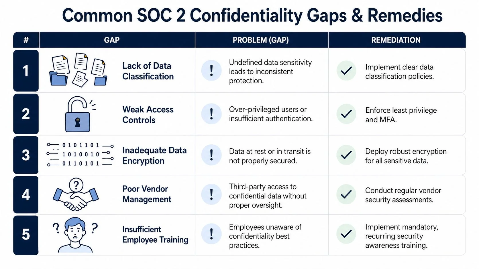 A table outlining five common SOC 2 confidentiality gaps, the associated problems, and recommended remediation strategies.
