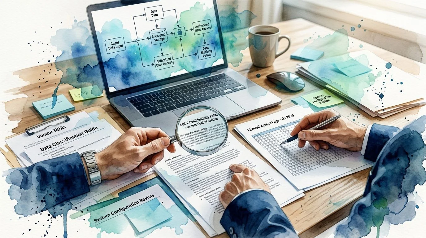 A professional analyzing SOC 2 confidentiality policy and firewall access logs at a desk with a laptop.