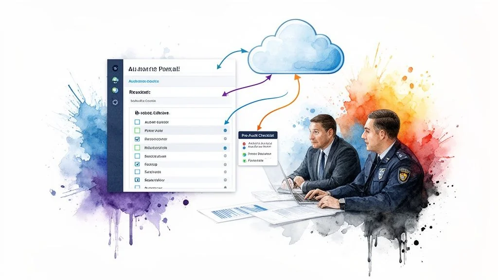 Two men collaborate on laptops with a digital audit checklist, integrated with cloud services.