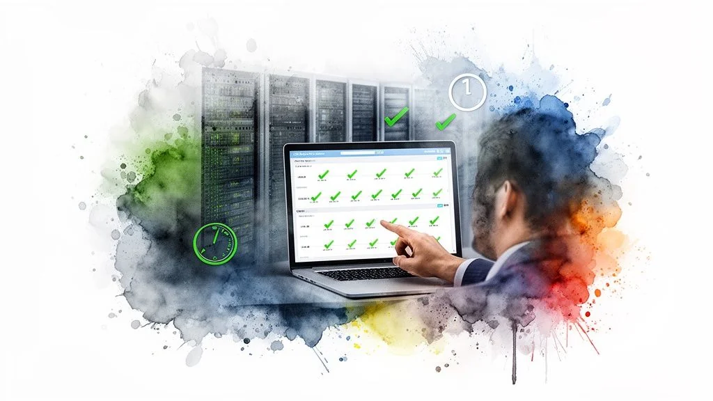 A person monitors a laptop displaying a dashboard with green checkmarks, against server racks.
