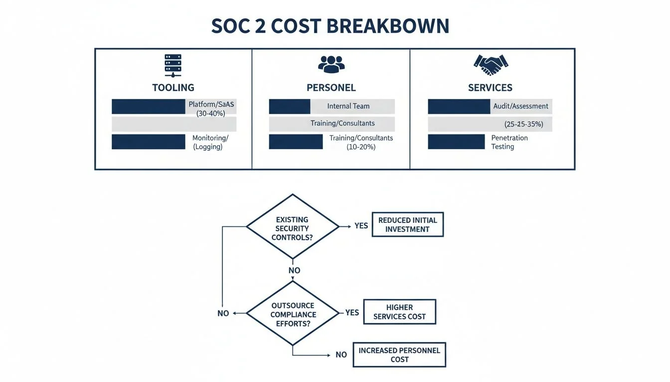 Infographic detailing SOC 2 cost breakdown across tooling, personnel, services, and a decision flowchart for cost implications.