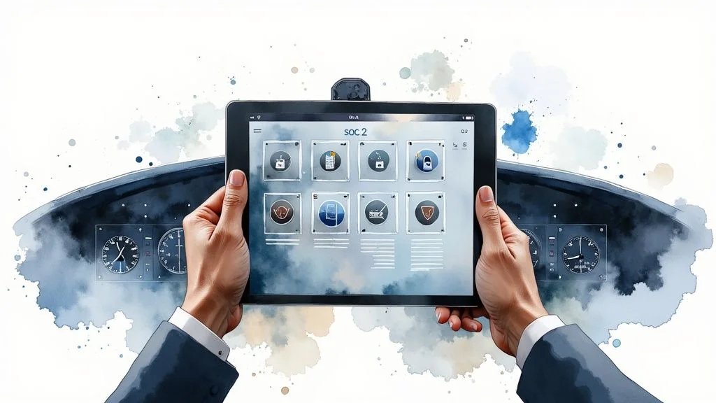 Hands holding a tablet displaying a SOC 2 dashboard against a watercolor cockpit background.