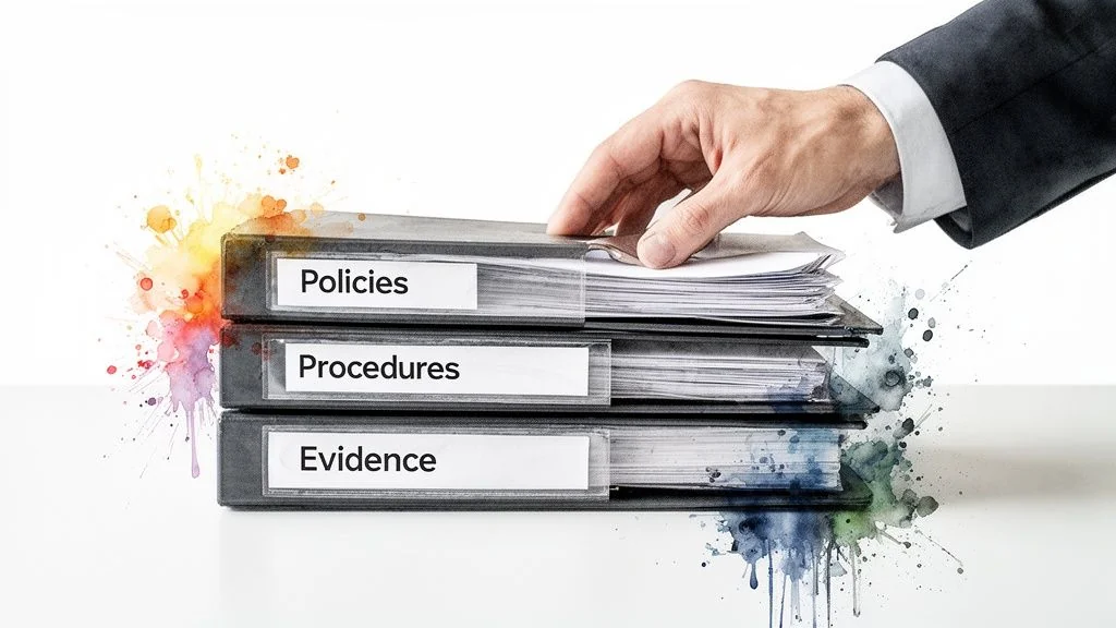 A hand places documents into labeled binders for policies, procedures, and evidence, with artistic splashes.