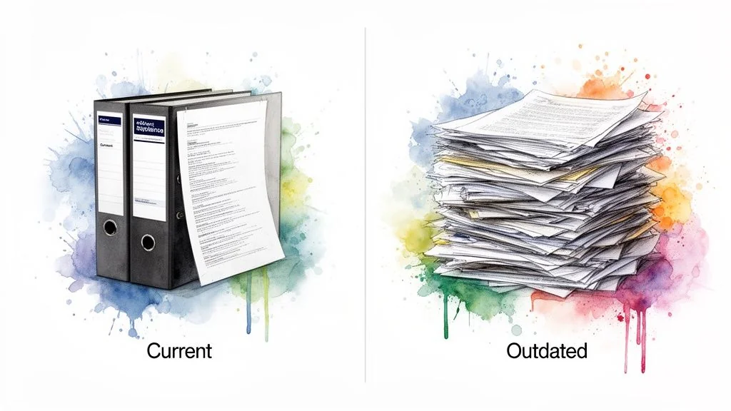 Comparison of current organized document binders versus an outdated messy stack of papers.