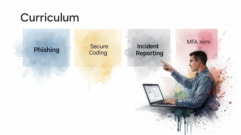 A curriculum for employee security awareness training, highlighting phishing, secure coding, incident reporting, and MFA.