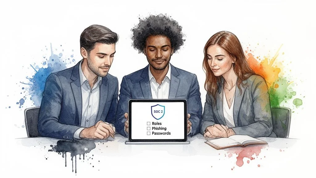 Three business professionals discuss SOC 2 security awareness training on a laptop, covering roles, phishing, and passwords.