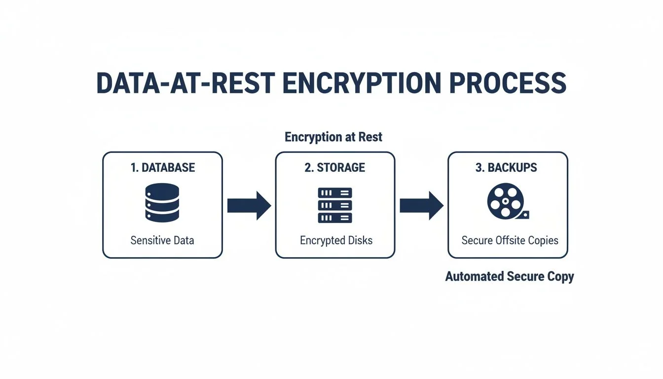 Flowchart illustrating the data-at-rest encryption process for databases, storage, and backups.