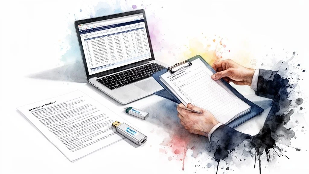 Watercolor illustration of hands filling a checklist on a clipboard next to a laptop and documents.