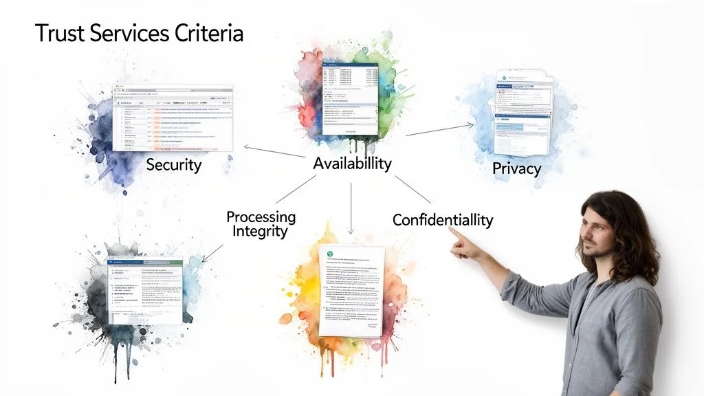 Diagram of Trust Services Criteria including Security, Availability, Privacy, Processing Integrity, and Confidentiality.