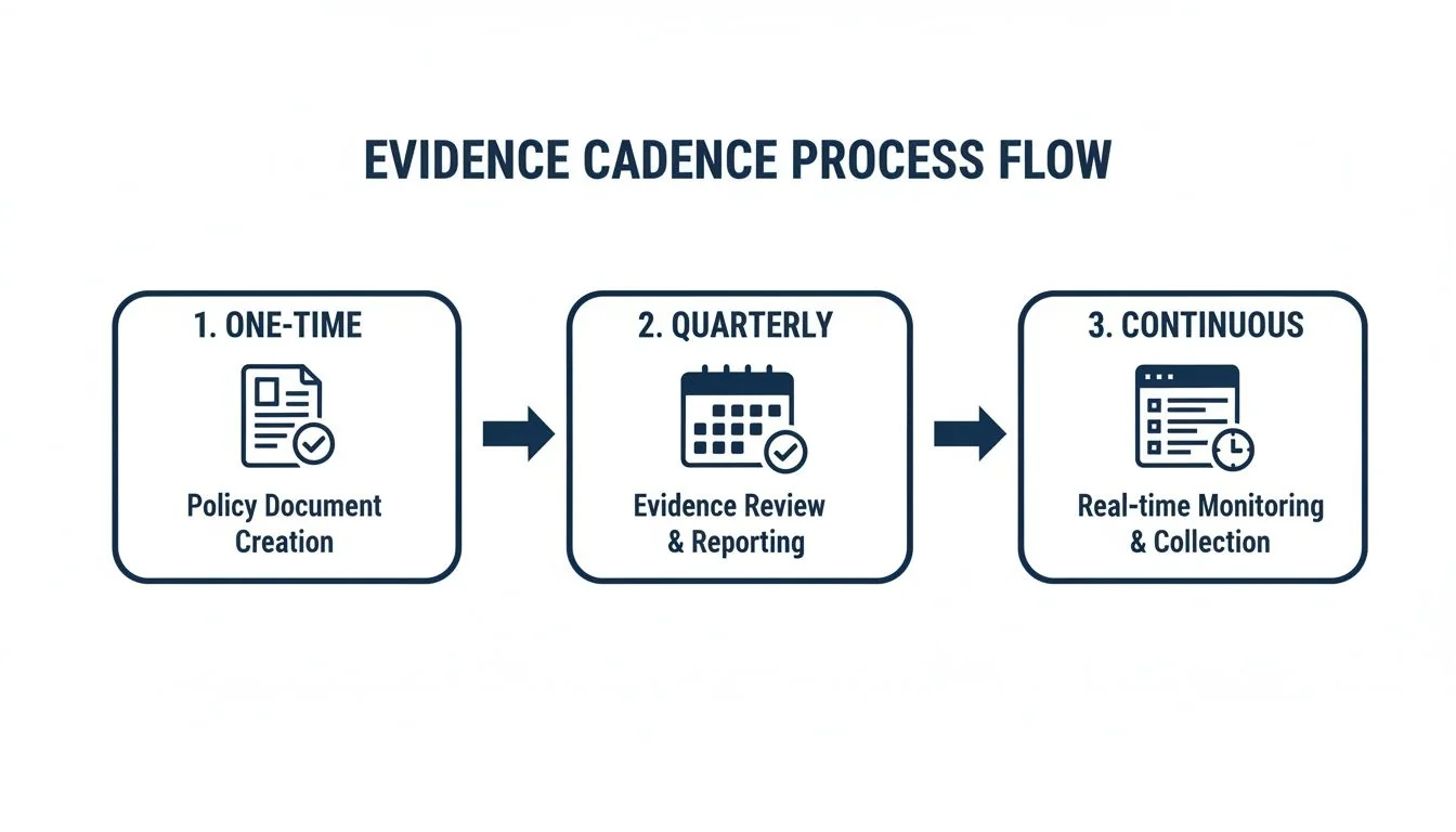A flowchart illustrating the evidence cadence process with one-time policy creation, quarterly review, and continuous monitoring.