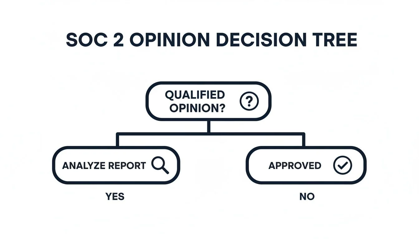 Flowchart illustrating the SOC 2 opinion decision tree, showing paths for qualified or approved opinions.