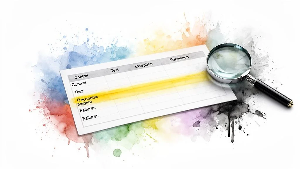 A magnifying glass on a document listing controls, tests, and exceptions, with a highlighted row.