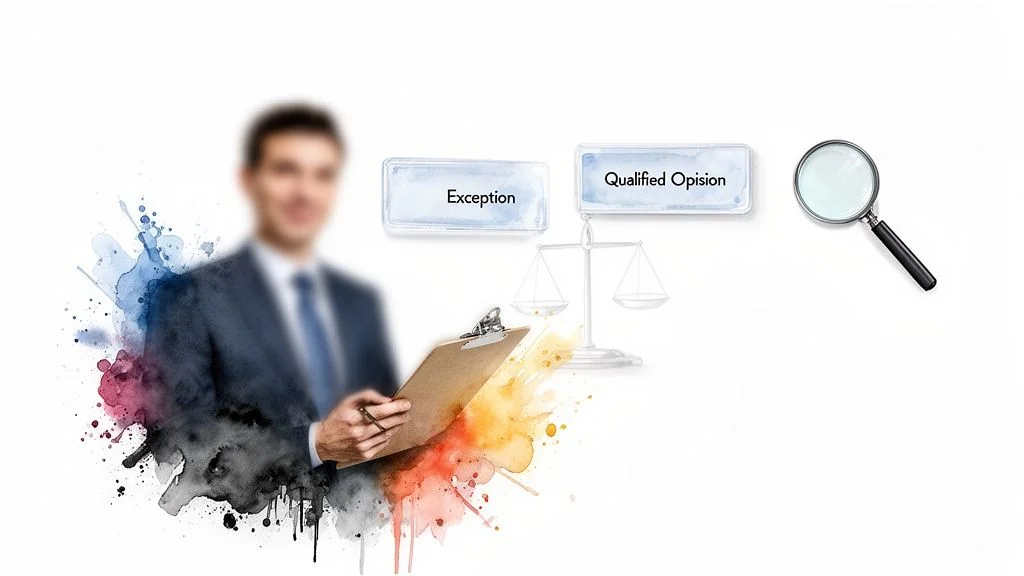 Blurred professional with clipboard, scales, magnifying glass, representing legal review of exceptions.