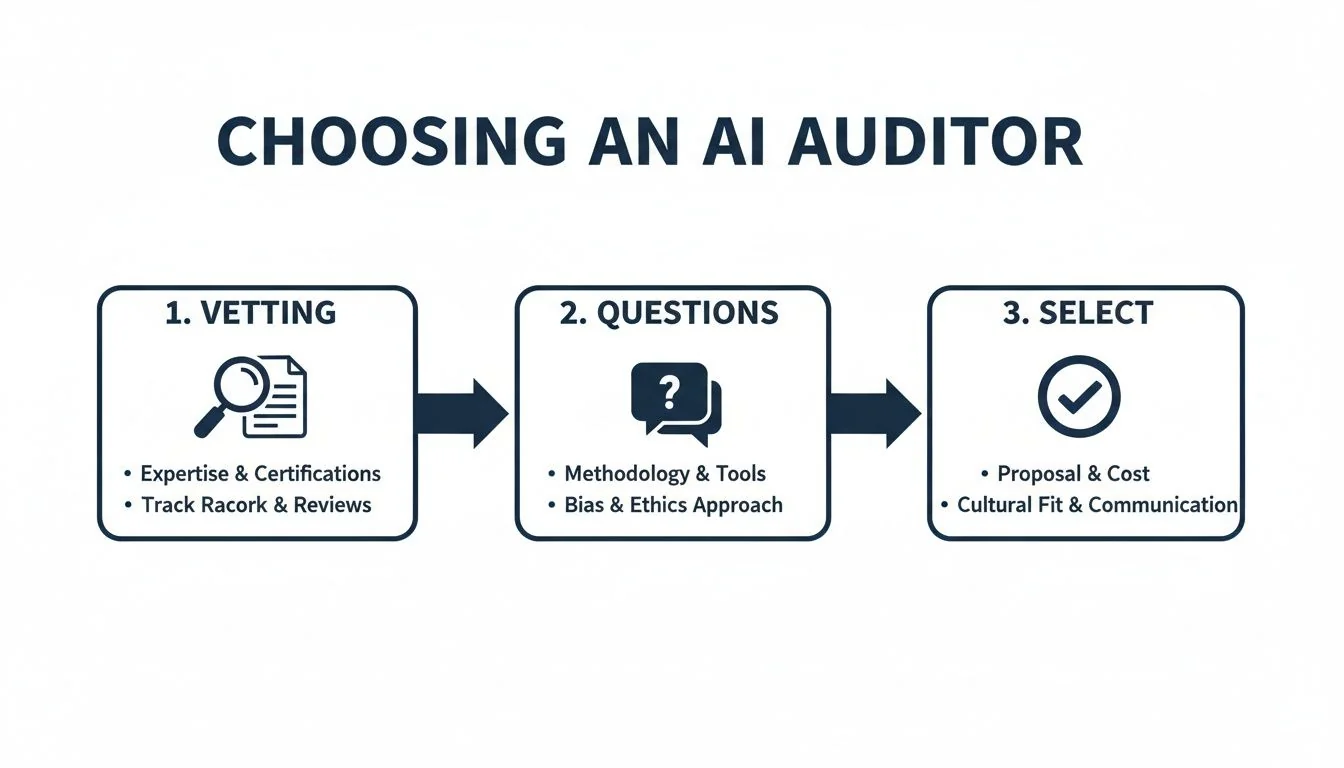 Infographic showing a three-step process for choosing an AI auditor: Vetting, Questions, and Select.
