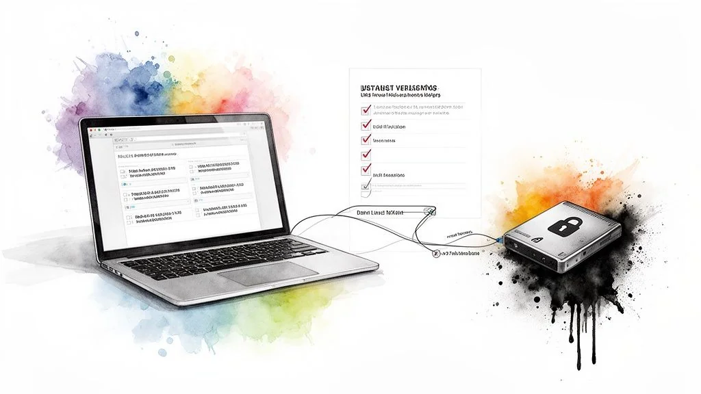 A laptop connected to a secure external drive, with a digital checklist, symbolizing data protection.