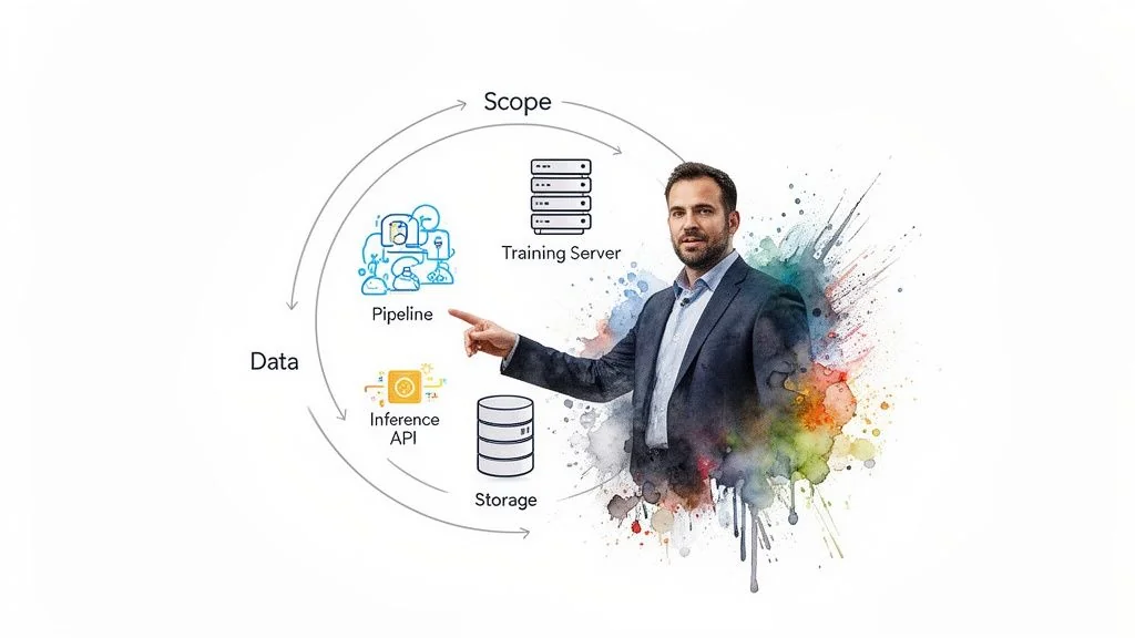 A man pointing at a diagram illustrating an AI/ML workflow with data, pipeline, training, and inference.