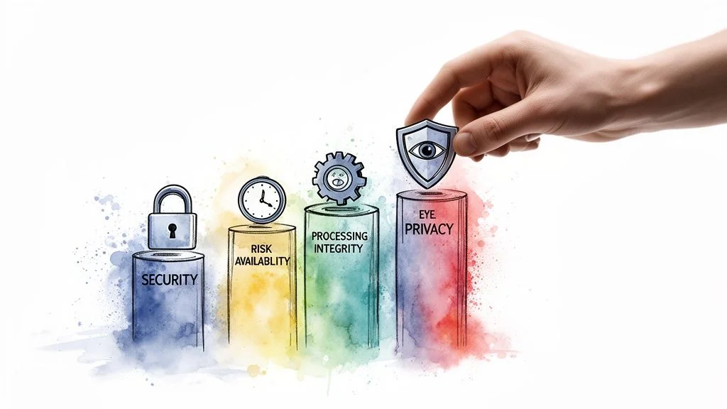 A hand places a shield on pillars symbolizing data security, availability, processing integrity, and privacy.