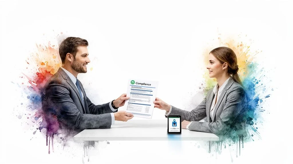 A man hands a compliance document to a woman, with a smartphone on the table.