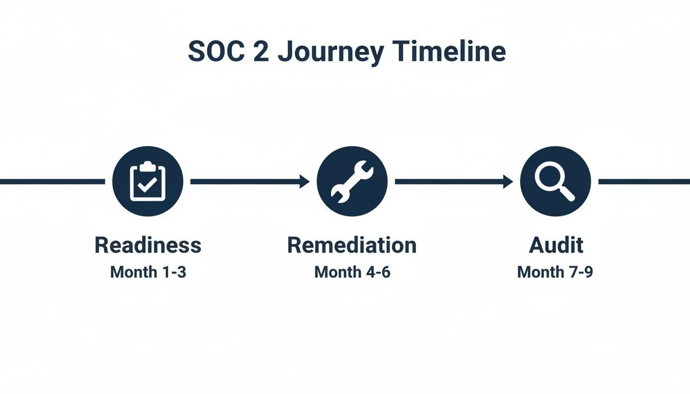 A SOC 2 Journey Timeline diagram outlining three stages: Readiness (Months 1-3), Remediation (Months 4-6), and Audit (Months 7-9).