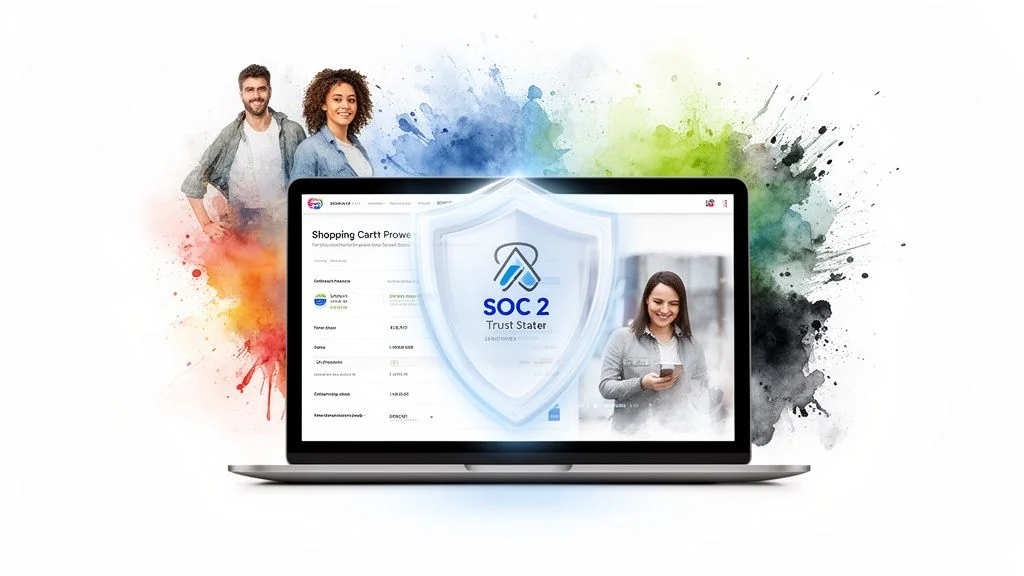 Laptop displays an e-commerce site with a SOC 2 security shield, featuring smiling users.