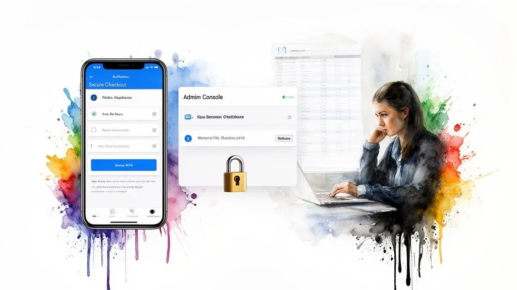 A smartphone shows secure checkout and an admin console with a lock icon, beside a woman working on a laptop.