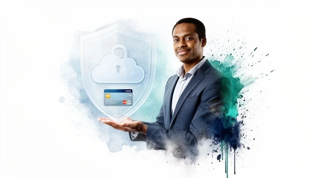 A smiling man presents a credit card under a cloud security shield, representing fintech protection.