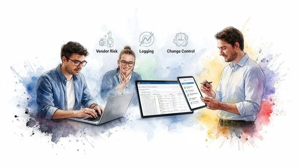 Three people collaborating on laptops and tablets with icons for Vendor Risk, Logging, and Change Control.