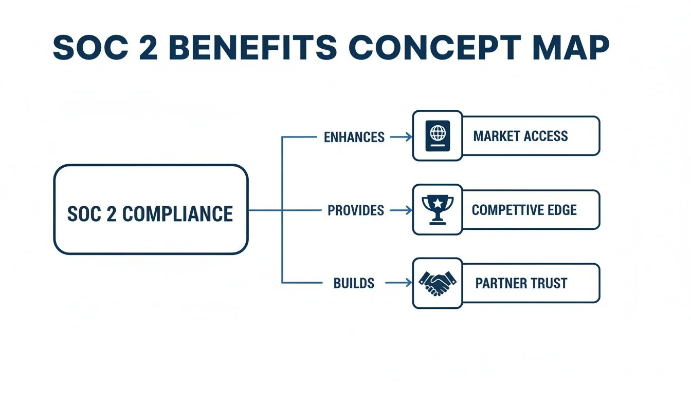 Concept map illustrating the benefits of SOC 2 compliance, including market access, competitive edge, and partner trust.