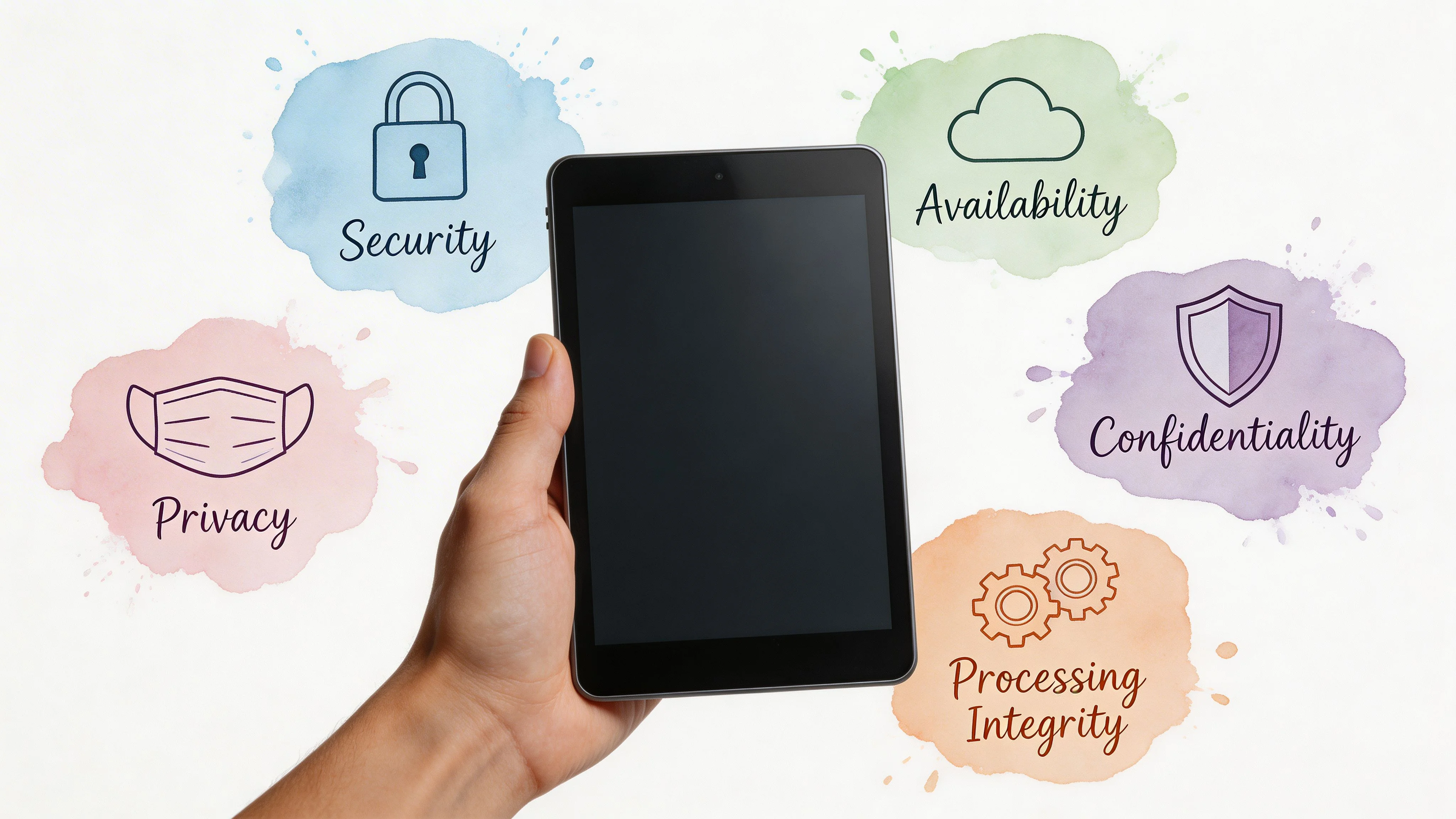 A person holding a digital tablet surrounded by five security and privacy concepts in watercolor circles.