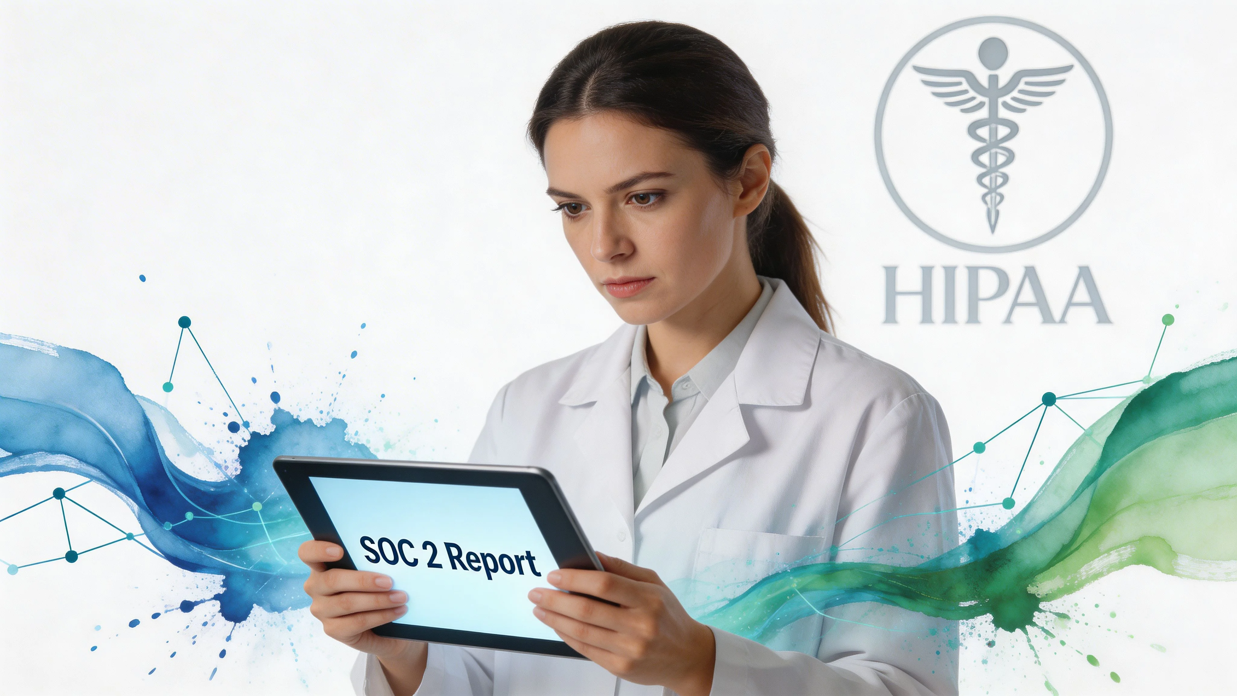 A healthcare professional in a white coat reviewing a SOC 2 compliance report on a digital tablet.