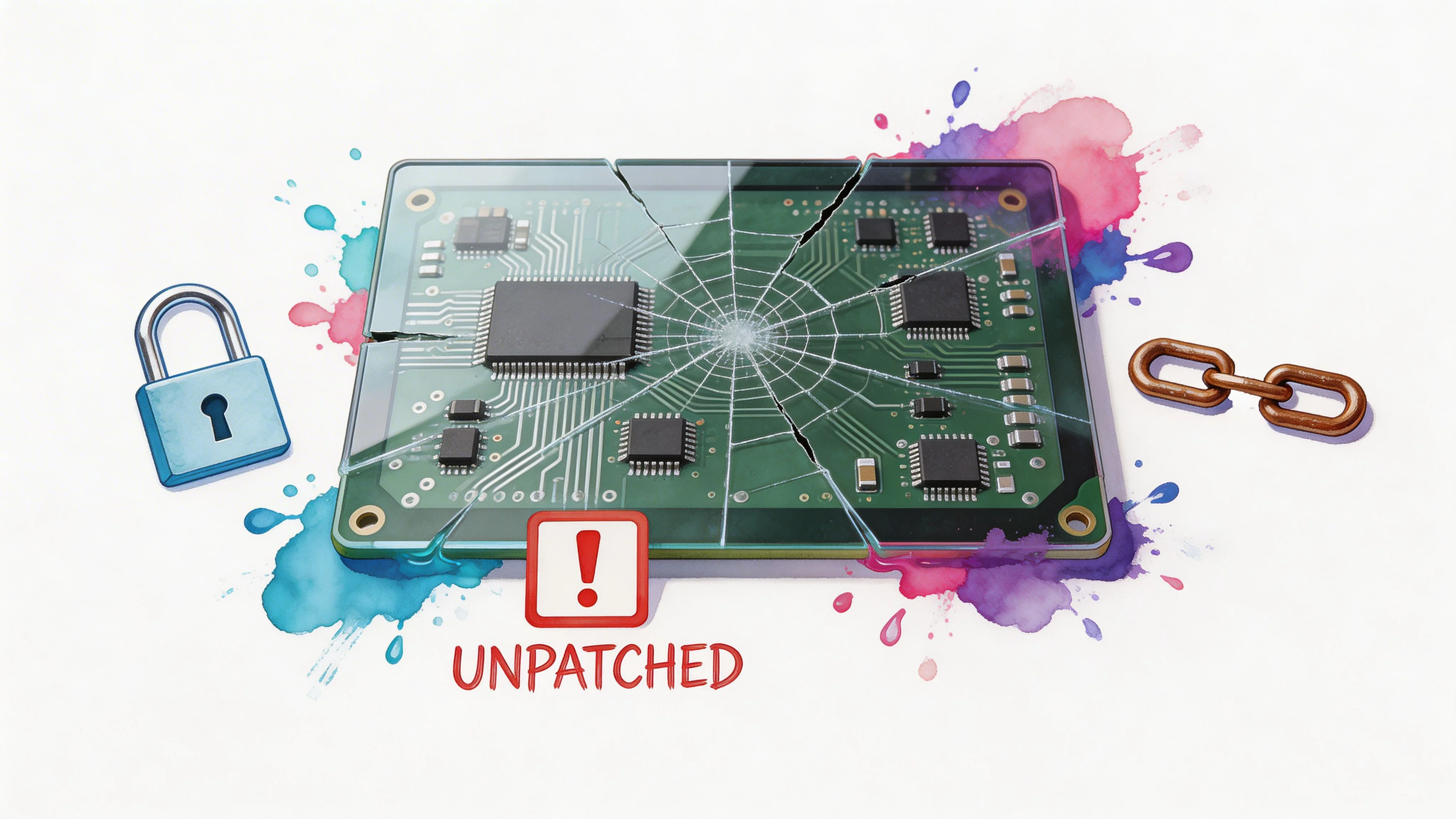 A cracked circuit board with a padlock, chain, and unpatched warning sign on a white background.