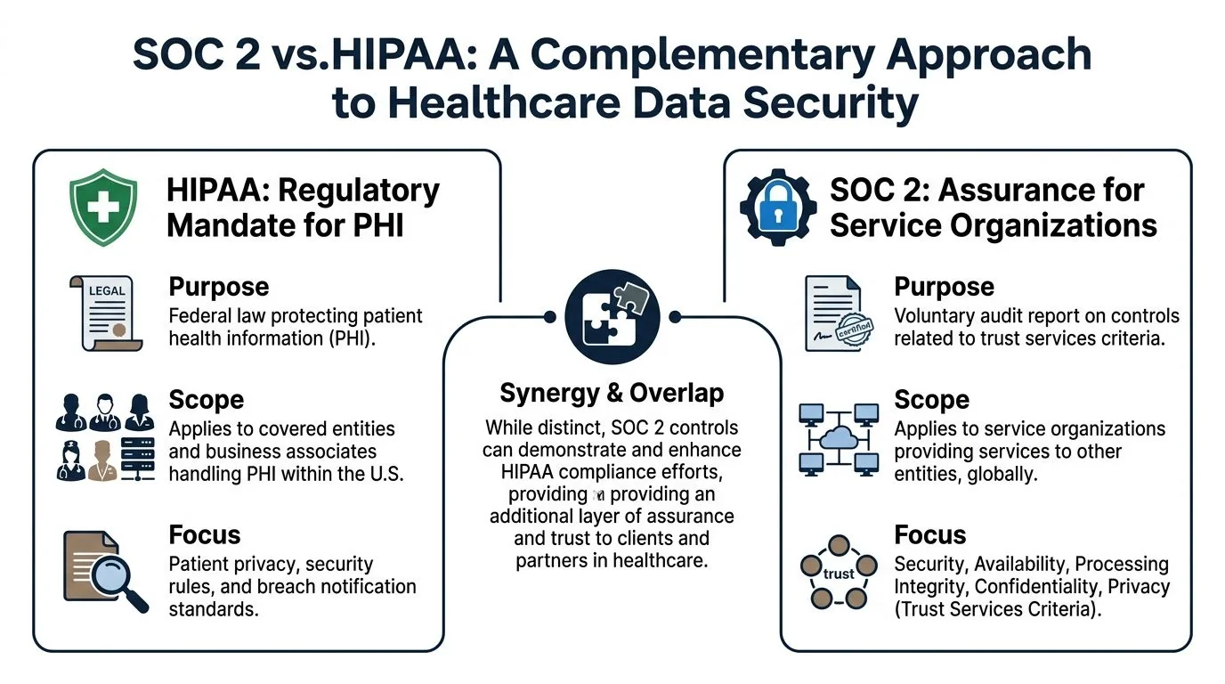 A comparative chart illustrating the differences and synergy between SOC 2 compliance and HIPAA regulations in healthcare.