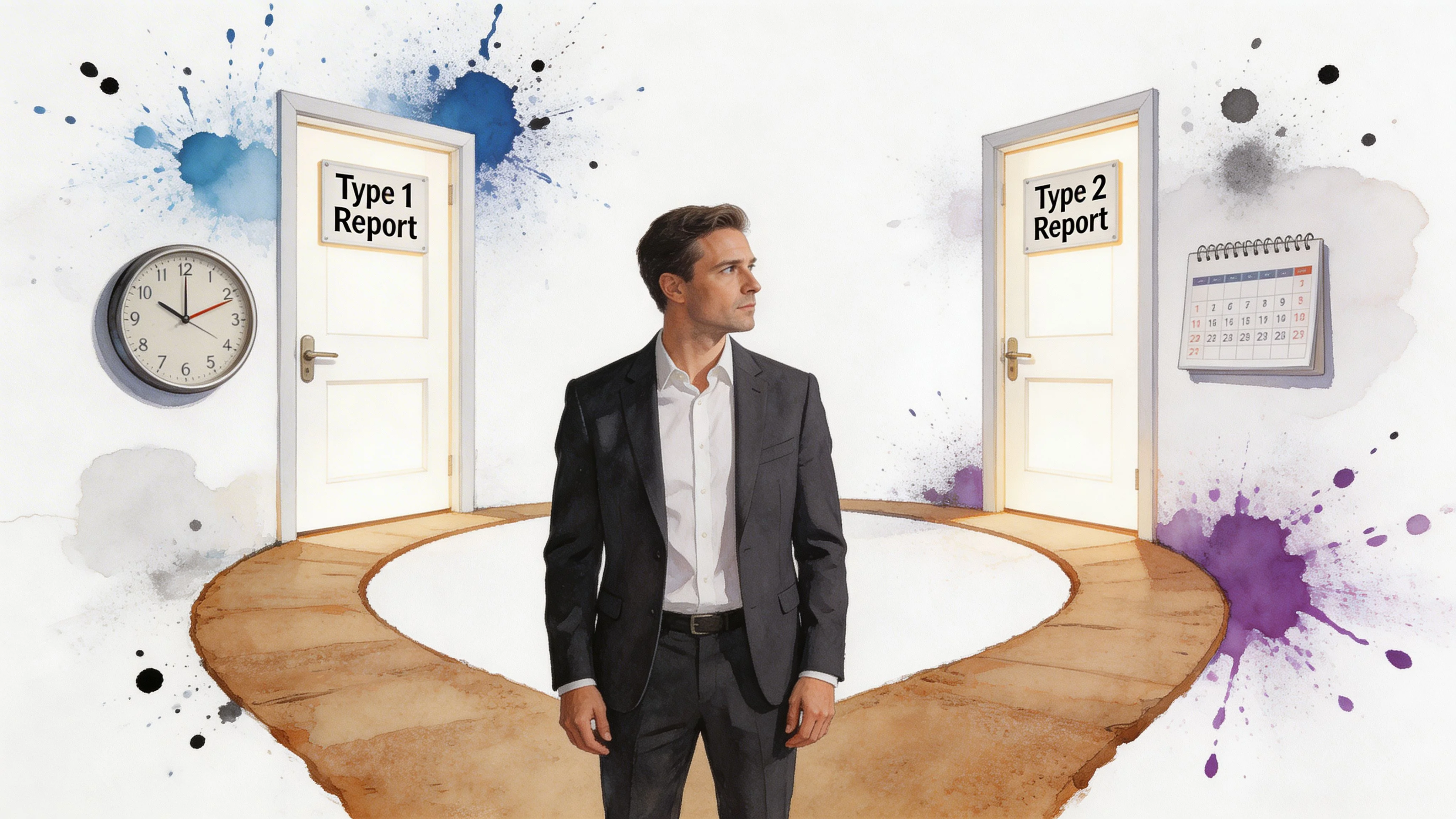 A businessman standing between two doors labeled Type 1 Report and Type 2 Report symbolizing compliance choices.