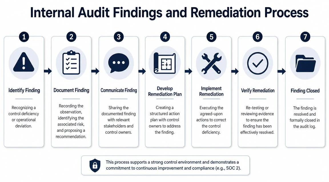 A seven-step process diagram illustrating the internal audit findings and remediation workflow for organizational compliance.