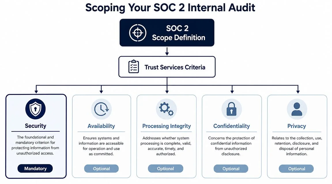 A diagram illustrating the SOC 2 internal audit scope definition including mandatory and optional Trust Services Criteria.