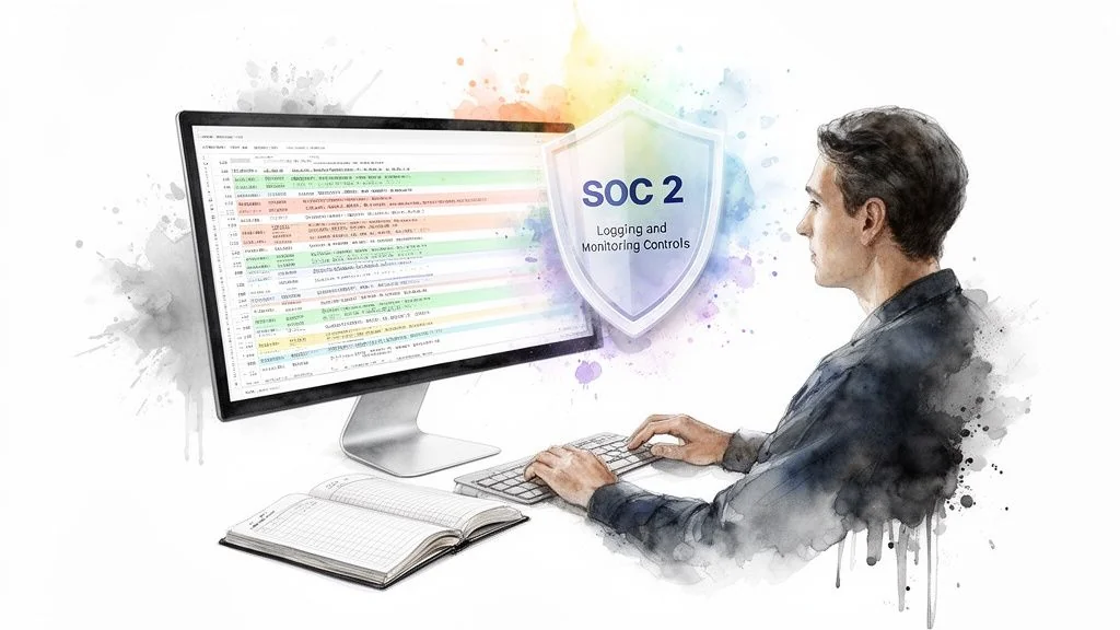 Watercolor illustration of a person monitoring computer logs, focusing on SOC 2 logging and monitoring controls.