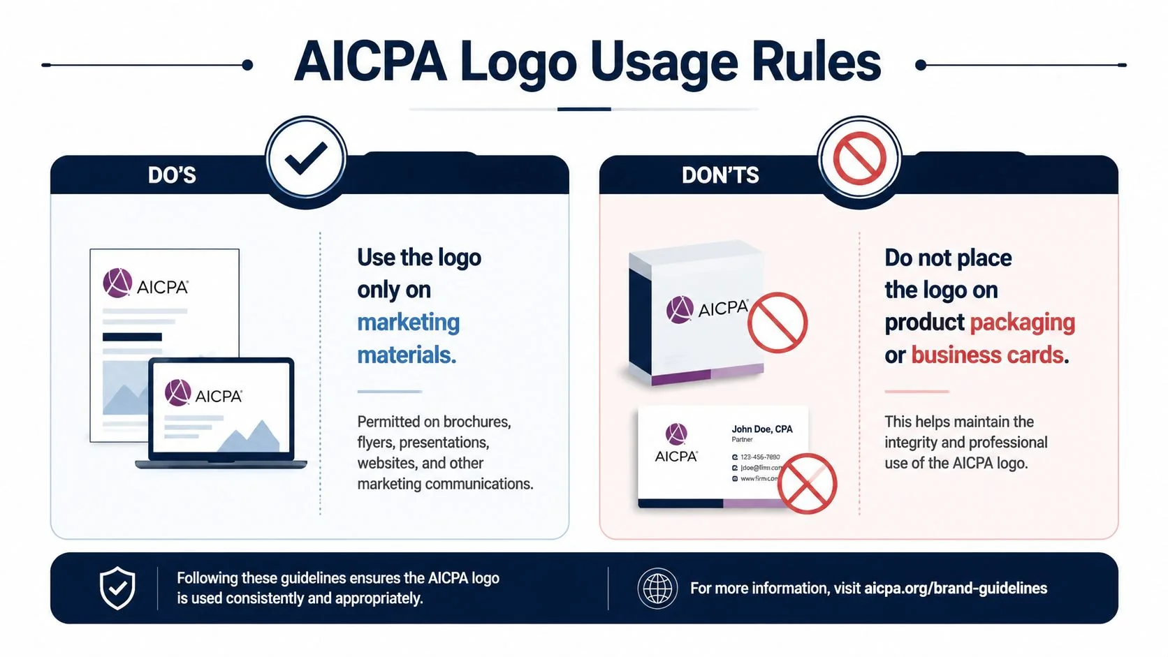 A visual guide illustrating the official do's and don'ts for the proper usage of the AICPA logo.