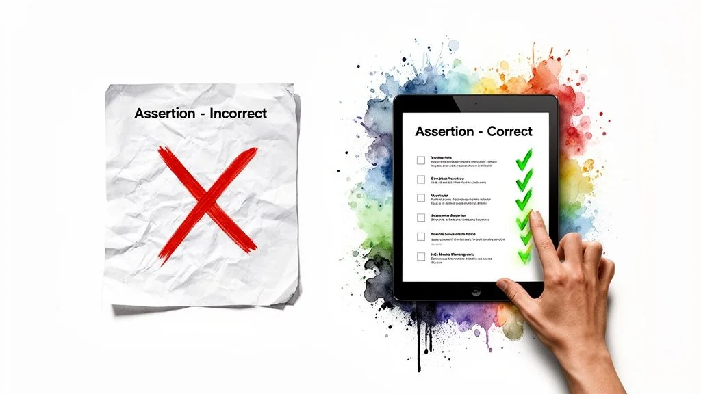 Comparison of incorrect assertion on crumpled paper with correct, checked assertions on a digital tablet.