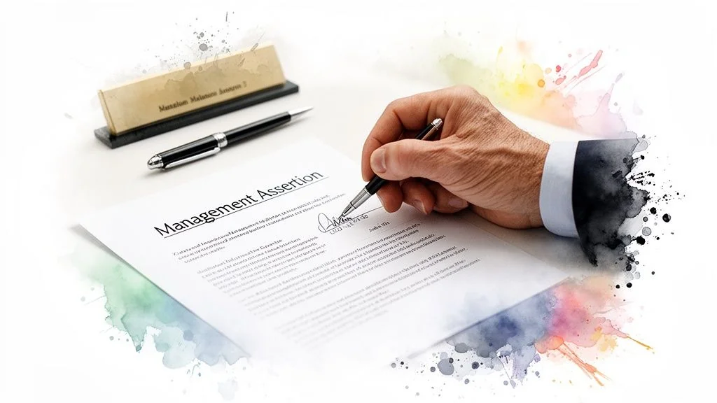 Close-up of a person's hand signing a "Management Assertion" document with a pen.