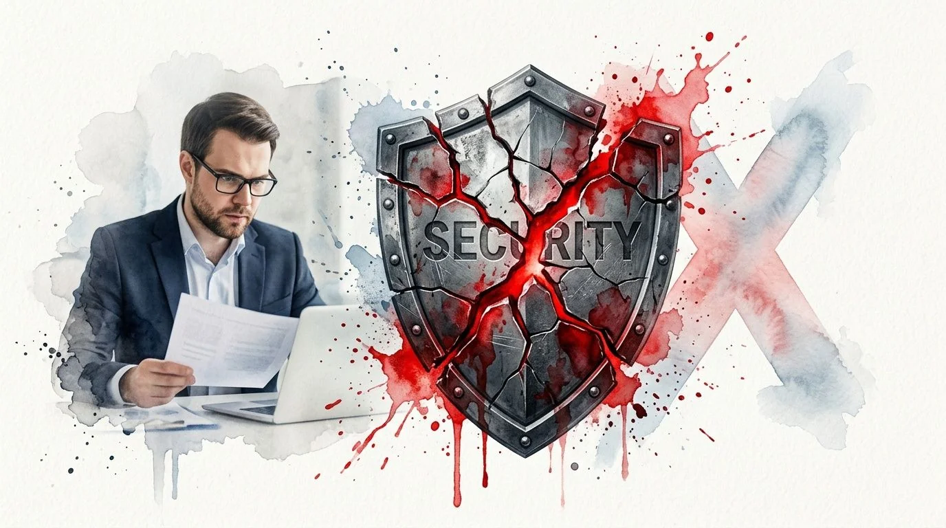 A businessman working on a laptop beside a shattered shield symbol representing a security breach concept.