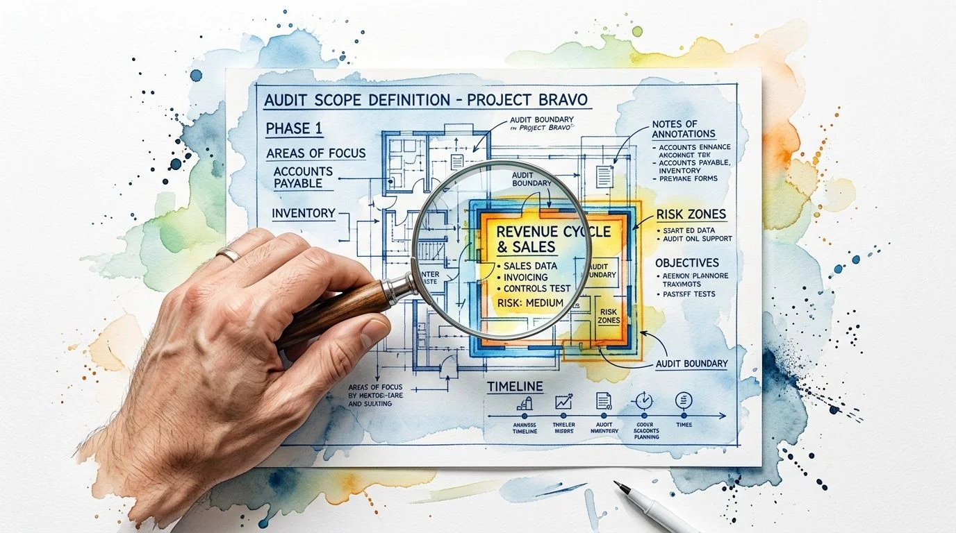 A hand holding a magnifying glass over a detailed audit scope document for Project Bravo.