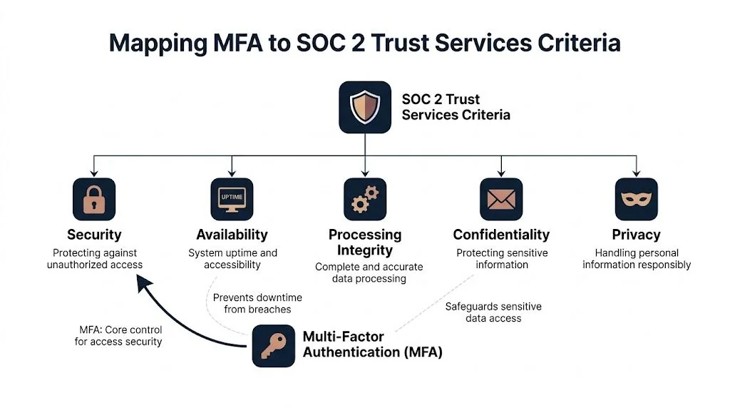 A diagram mapping the role of multi-factor authentication in meeting SOC 2 trust services criteria standards.