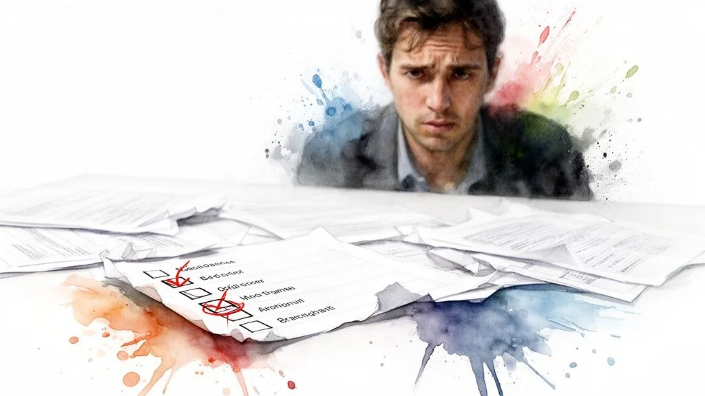 A stressed man looks at scattered papers with a checklist, one item circled in red.