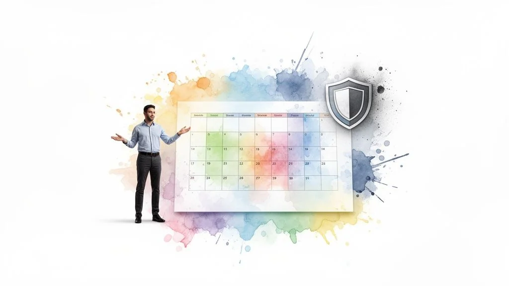 A man gestures towards a colorful calendar with watercolor splashes and a prominent security shield icon.