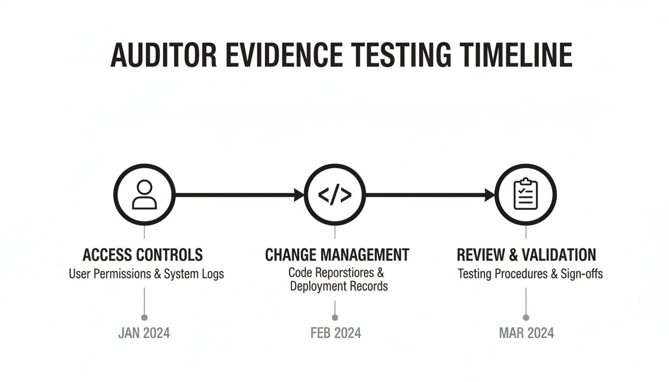 Auditor evidence testing timeline with phases: Access Controls, Change Management, and Review & Validation.