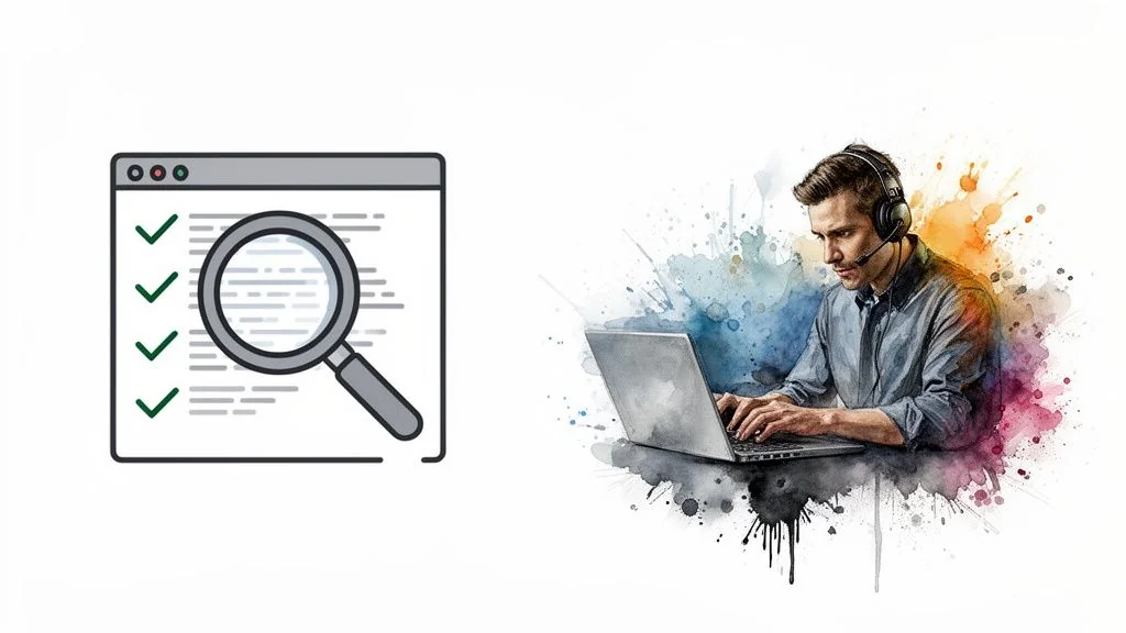 Man in headset using laptop next to document icon with magnifying glass and checkmarks, suggesting remote review.