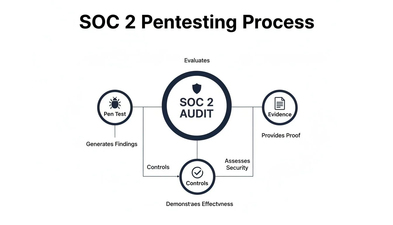 Diagram illustrating the SOC 2 Pentesting Process, showing pen tests, audit, evidence, and controls.