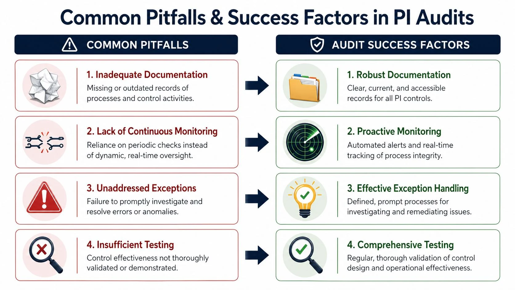 A comparison chart showing four common pitfalls and corresponding success factors for conducting PI audits effectively.
