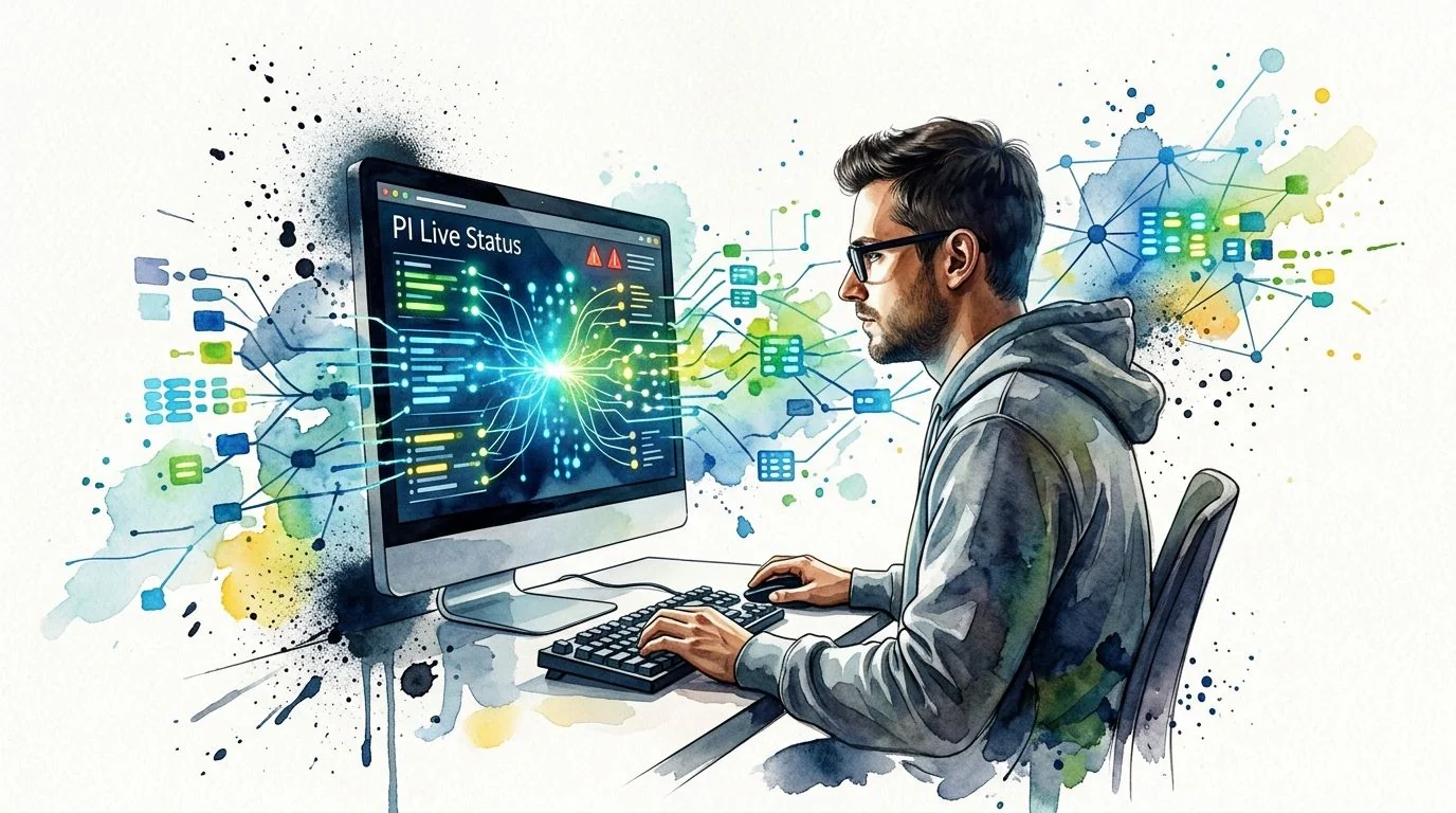 A digital artist impression of a software engineer monitoring complex data systems on a computer screen.