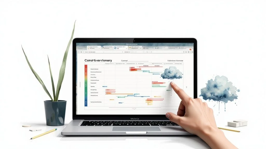 A hand interacts with a laptop displaying a data visualization chart with clouds, next to a plant.